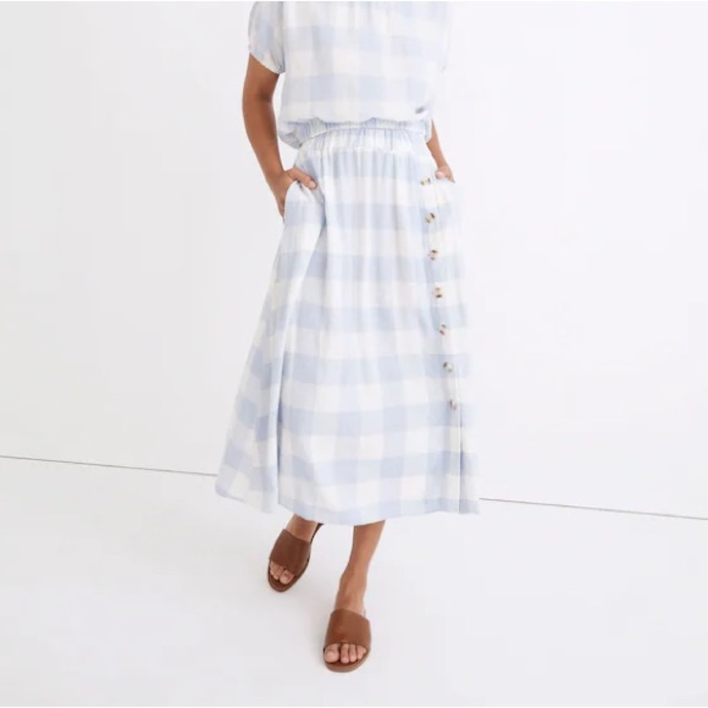 Madewell Linen-Blend Side-Button Midi Skirt in Gingham Check - Picture 12 of 12